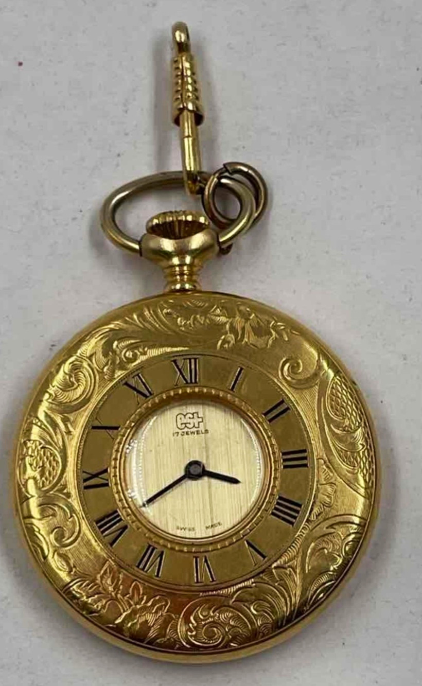 Vintage ESQ EST Swiss Made Mechanical Pocket Watch 17 Jewels Ornate Gold Tone.